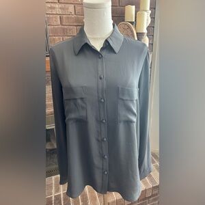 PLEIONE Dark Olive Green Chiffon Button Up Blouse, Excellent Condition